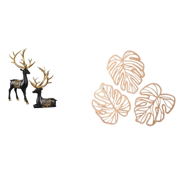 Dualoai Reindeer Elk Resin Statue and Palm Leaves Wood Wall Decor Creative Animal Figure Collection for Tabletop Wedding Housewarming Jungle Art