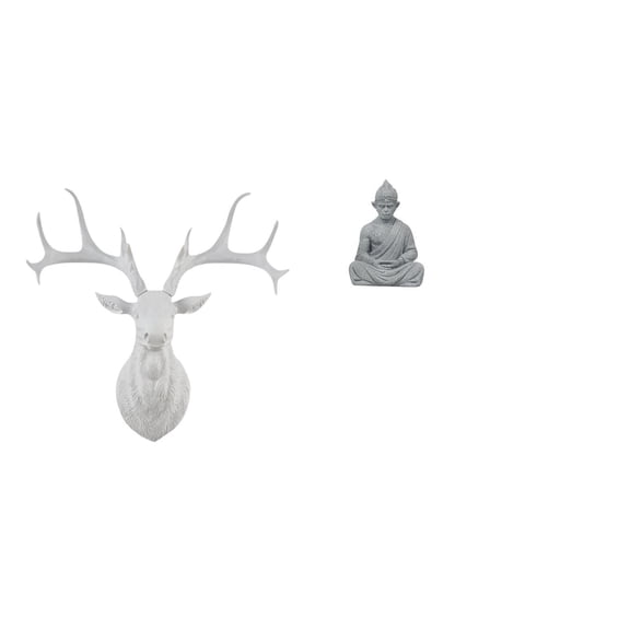 Dualoai Resin Deer Head Wall Sculpture and Monkey Buddha Statue Collectible Boho Artwork Wall Mount Figurine for Office Home Hotel Patio Backyard