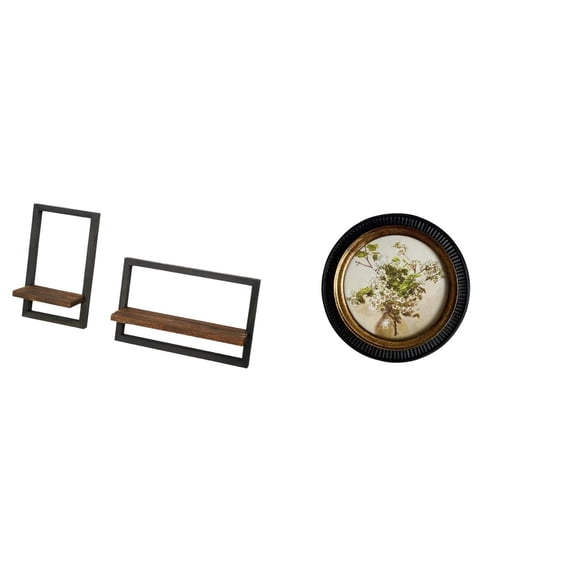Dualoai Rustic Modern Floating Shelves and European Antique Decorative Embossed Resin Ornate Wall Hanging Picture Display Frame Set for Kitchen Office Dining Room Bedroom Retro Home Decor