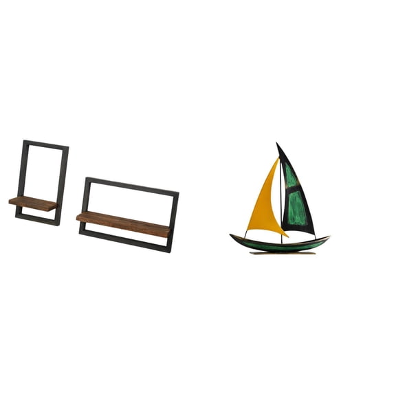 Dualoai Rustic Modern Floating Shelves Wood Wall Display Storage Set for Kitchen Office Dining Room with Iron Sailboat Sculpture Tabletop Ornament Feng Shui Decor Collection Decorative Figurine