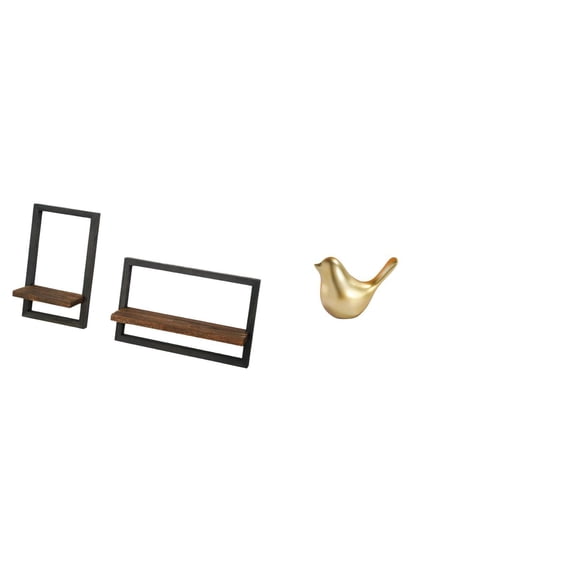 Dualoai Rustic Modern Floating Wood Wall Shelves with Golden Bird Figurine Sculpture for Kitchen Office Dining Room and Living Room Decor Display