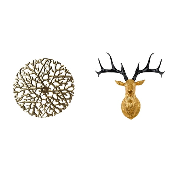 Dualoai Rustic Scenic Metal Wall Art Sculpture with Wrought Iron and Resin Deer Head Plaque 3D Hanging Pendant Boho Artwork for Office Living Room Home Decor