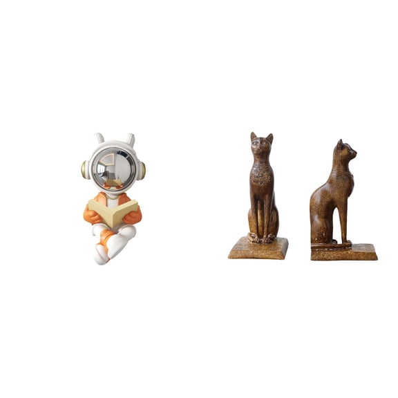 Dualoai Space Astronaut Sculpture Decorative Statue Cake Topper Figurine Ornament for Fireplace Table Centerpiece and Egyptian Cat Statues Bookends Book Shelf Holders Tabletop Ornament for