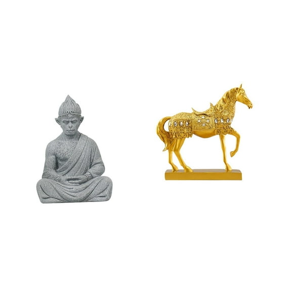 Dualoai Sun Wukong Inspired Buddha Monkey and Horse Harmony Sculpture Collectible Figurine for Home Office Hotel Patio Backyard Artistic Decor
