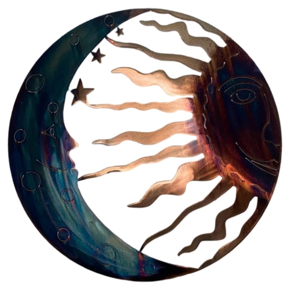 Dualoai Sun and Moon Wall Circle Indoor Outdoor Use Celestial Ornament Weather Resistant Blue Gold