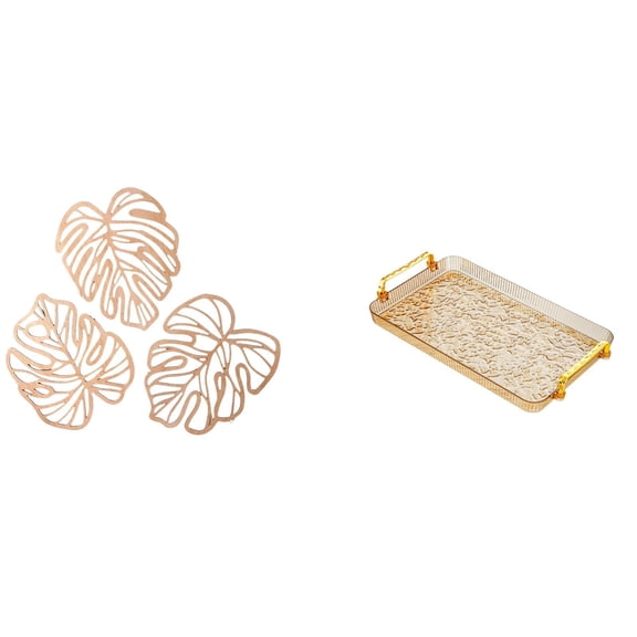 Dualoai Tropical Palm Leaves Wood Wall Art and Creative Dessert Plate Coffee Table Tray with Handle for Bedroom Bathroom Dining Room Decor