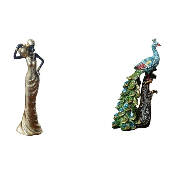 Dualoai Vintage Tribal Lady and Peacock Animal Sculpture Tabletop Ornament Elegant Decorative Figurine for Bedroom Office Living Room Cabinet Housewarming Gift