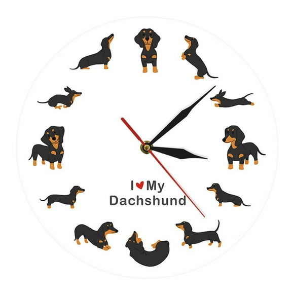 Dualoai Wall Clock 12inch Dachshund Decorative Battery Operated Round for Kitchen Living