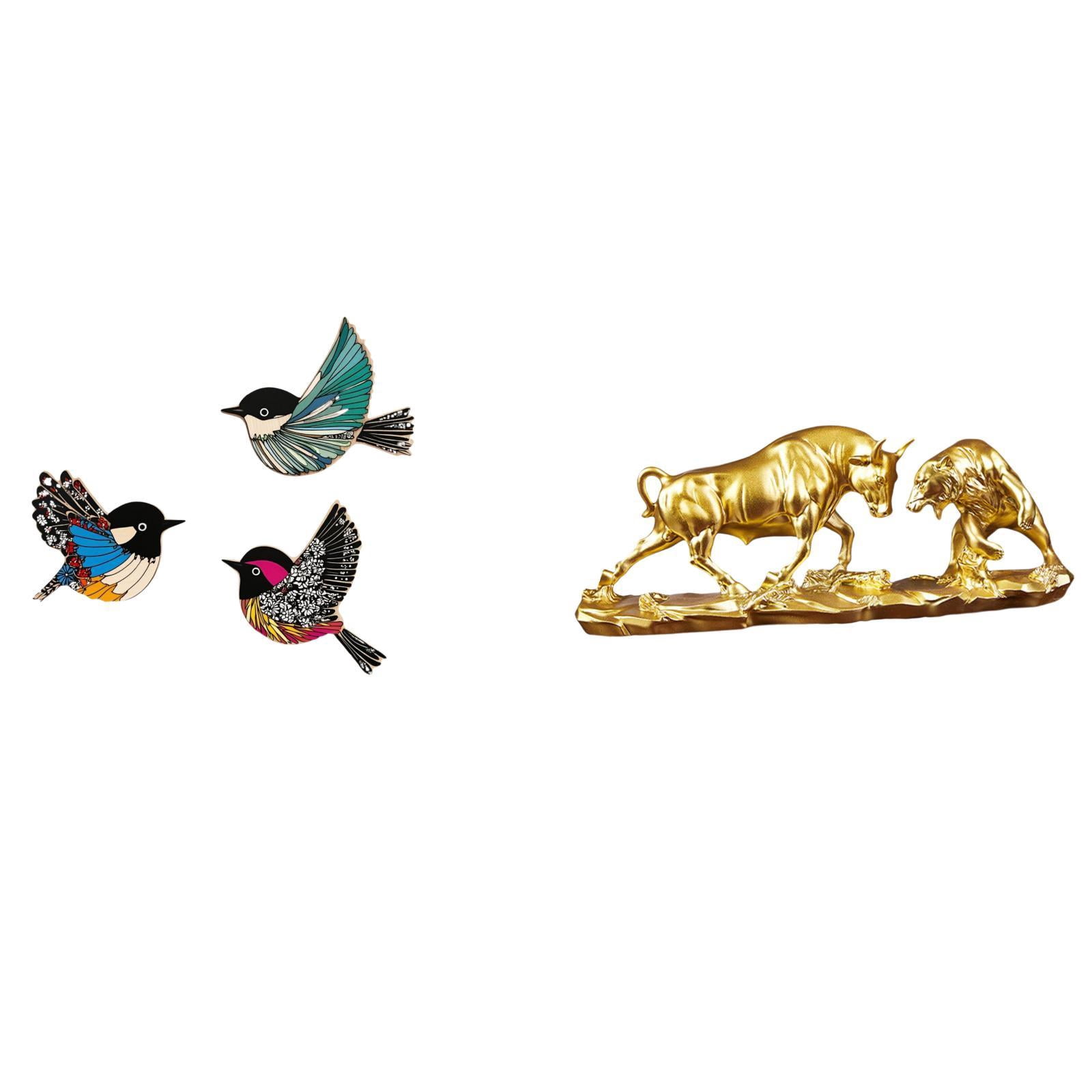 Dualoai Wooden Bird Wall Art and Bull Figurine Feng Shui Bear and Bull Statue Modern Artwork Chinese Cow Cattle Sculptures Animal Sculpture for Garden Study Room Farmhouse Desk Birthdays Gifts