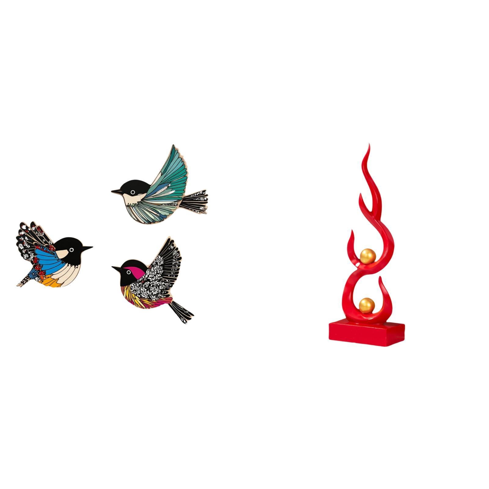 Dualoai Wooden Bird Wall Art and Abstract Fire Statue Resin Flame Figurine Modern Sculpture Craft for Garden Study Room Farmhouse Patio Office Decor