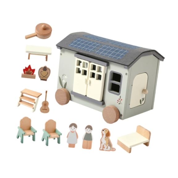Dualoai Wooden RV Toy Wood Camper Van Colorful Dollhouse Toys for Birthday Gift Kids