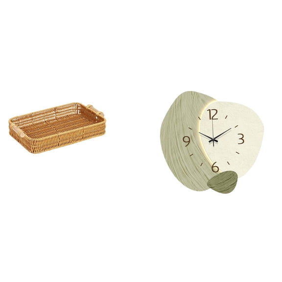 Dualoai Woven Fruit Basket Snack Bowl and Bread Plate with Silent Wall Clock Simple Decor Cartoon Hanging Clock for Kitchen Office Farmhouse