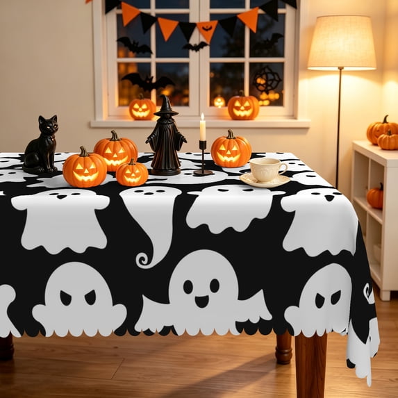 Duangreer Black Halloween Rectangle Tablecloth, White Ghost Print, Party Decors Washable Table Cover with Waterproof Wrinkle Resistant, 60 x 120 Inch