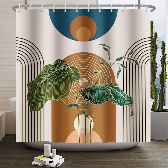 Duangreer Boho Brown Mid Century Modern Abstract Geometric Plant Botanical Shower Curtain with 12 Hooks, Waterproof, 72x72 Inches