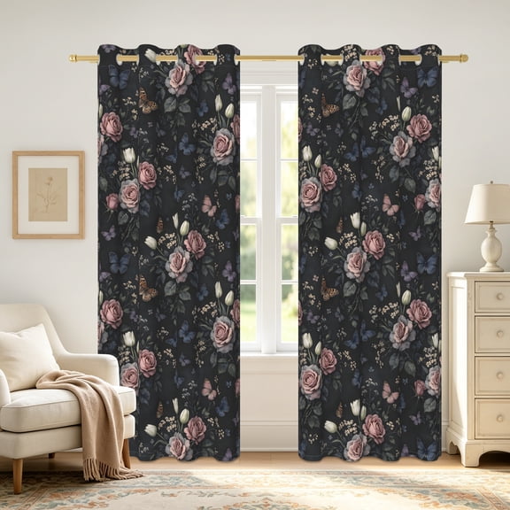 Duangreer Boho Floral Blakout Curtains for Living Room, Grommet Top, 42 x 63 Inches, Set of 2, Pink Roses Print Thermal Insulated Window Drapes for Bedroom