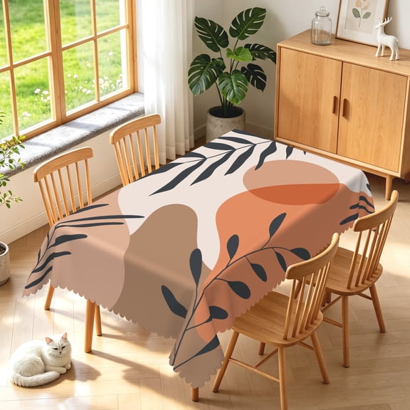 Duangreer Boho Mid Century Rectangle Tablecloth, Modern Art Abstract Leaf Print, Washable Table Cover for Restaurant Picnic Indoor Outdoor, 52 x 70 Inch