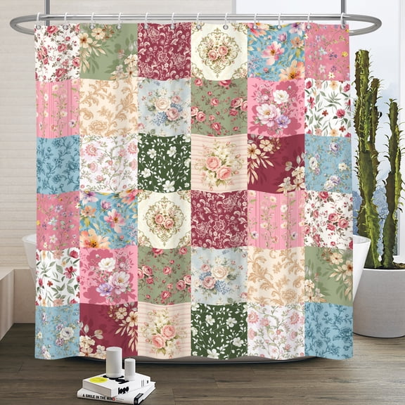 Duangreer Boho Patchwork Fabric Shower Curtains, Pink Floral Bathroom Curtains with 12 Hooks, Waterproof, 72x72 Inches