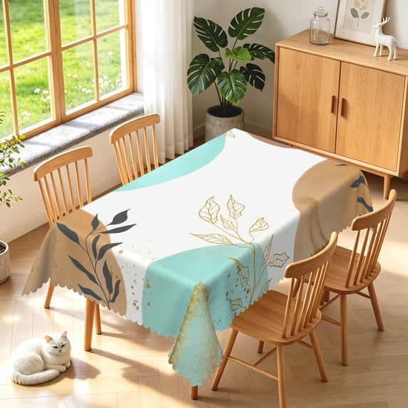 Duangreer Boho Rectangle Tablecloth, Modern Abstract Geometric Leaf Patterns, Washable Table Cover with Waterproof Wrinkle Resistant for Restaurant Picnic Indoor Outdoor, 60 x 70 Inch