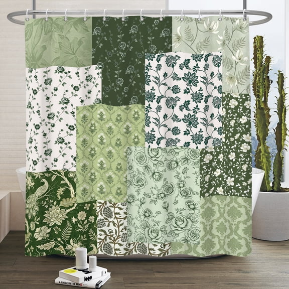 Duangreer Boho Vintage Green Floral Patchwork Shower Curtain with 12 Hooks for Bathroom Decor, 72x72 Inches