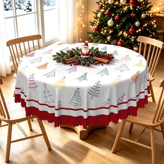 Duangreer Cartoon Christmas Round Tablecloth, Cute Xmas Tree Graffiti Print, Waterproof Wrinkle Resistant, Table Cover for Holiday Party, Dining, Indoor and Outdoor, White, 70''Round