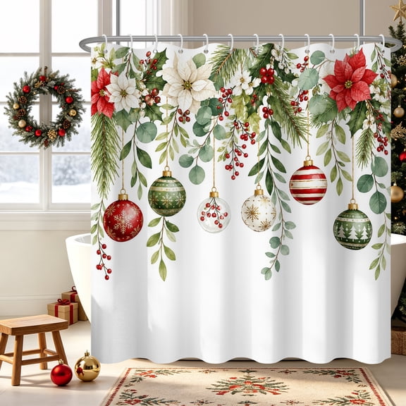 Duangreer Christmas Colorful Balls Waterproof Fabric Shower Curtain, Xmas Trees Bath Curtain Set with Hooks for Home, 72x72 Inches