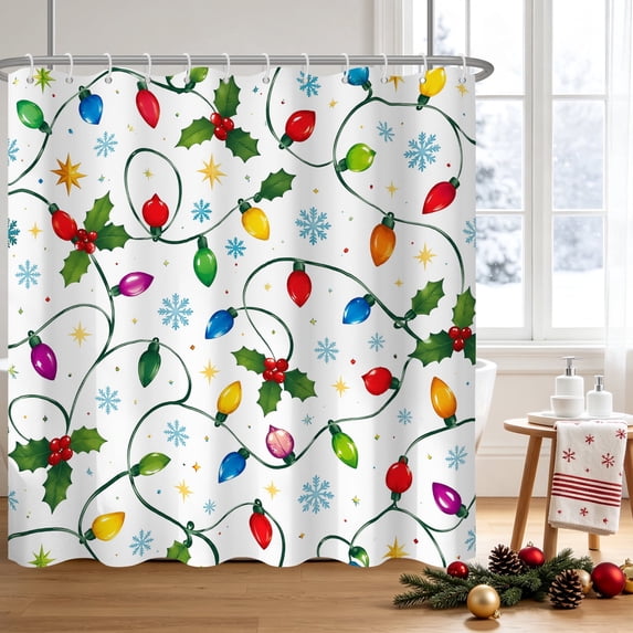 Duangreer Christmas Lights Waterproof Fabric Shower Curtain for Bathroom, 60x72 Inches with Hooks, Machine Washable, Rustproof Grommets