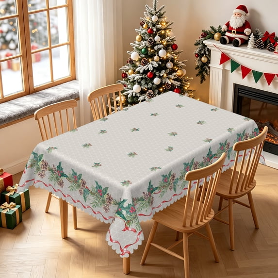 Duangreer Christmas Rectangle Tablecloth, Grey Grid Cartoon Holly Print Waterproof Wrinkle Resistant Table Cover for Party Picnic Decors, 60 x 84 Inch
