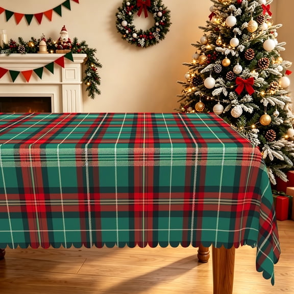 Duangreer Christmas Rectangle Tablecloth, Retro Red Green Checkered Print, Washable Table Cover for Party Decors, 60 x 84 Inch