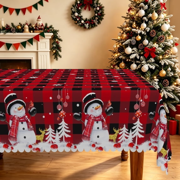 Duangreer Christmas Rectangle Tablecloth, White Snowman Red Checkered Print Waterproof Wrinkle Resistant Table Cover with for Party Picnic Decor, 60 x 84 Inch