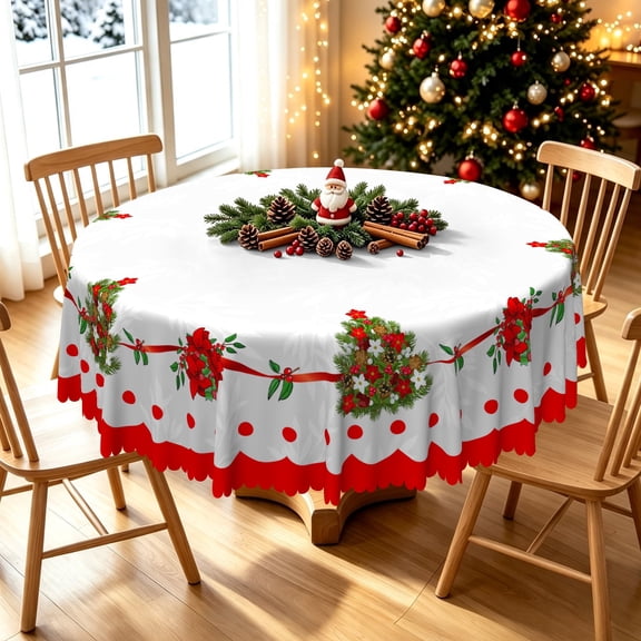 Duangreer Christmas Tablecloth, Xmas Tree Wreath Print Waterproof Wrinkle Resistant, Table Cover for Family Party Dining, Indoor and Outdoor, 60''Round