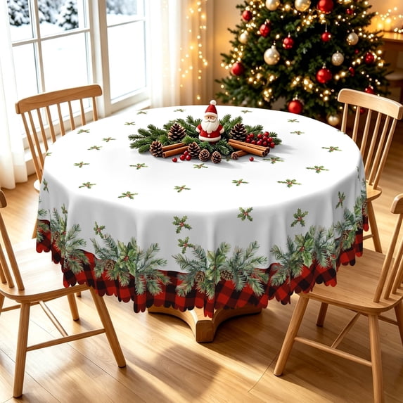 Duangreer Christmas Tablecloth for Party Dining Indoor and Outdoor, Retro Plaid Xmas Tree Print, Waterproof Tablecloths, 60''Round