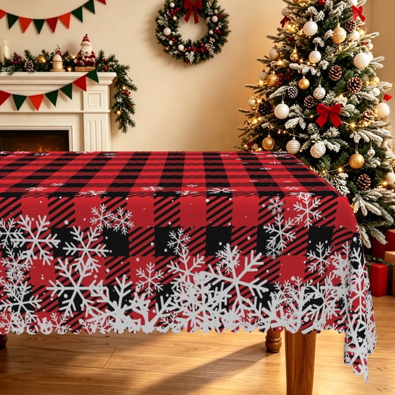 Duangreer Christmas Theme Rectangle Tablecloth, Red Checkered Snowflake Print, Washable Table Cover for Restaurant Picnic Party Decorations, 60 x 70 Inch