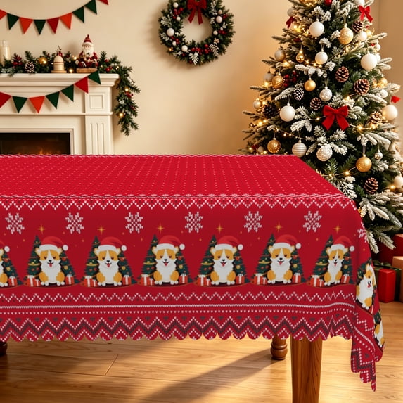 Duangreer Christmas Theme Rectangle Tablecloth, Retro Pattern Cartoon Puppy Print, Washable Table Cover for Party Picnic Indoor Outdoor Decor, 60 x 102 Inch