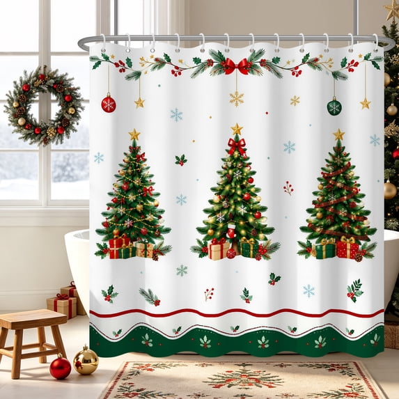 Duangreer Christmas Theme Waterproof Fabric Shower Curtain, Xmas Tree Branches and Colorful Ball Decors for Bathroom, 72x72 Inches with Hooks