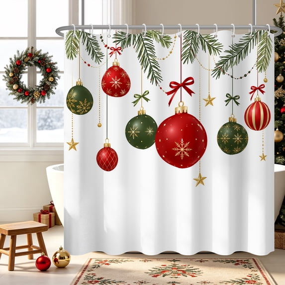 Duangreer Christmas Waterproof Fabric Shower Curtain, Xmas Colorful Balls Print Decors for Bathroom, 47x72 Inches with Hooks