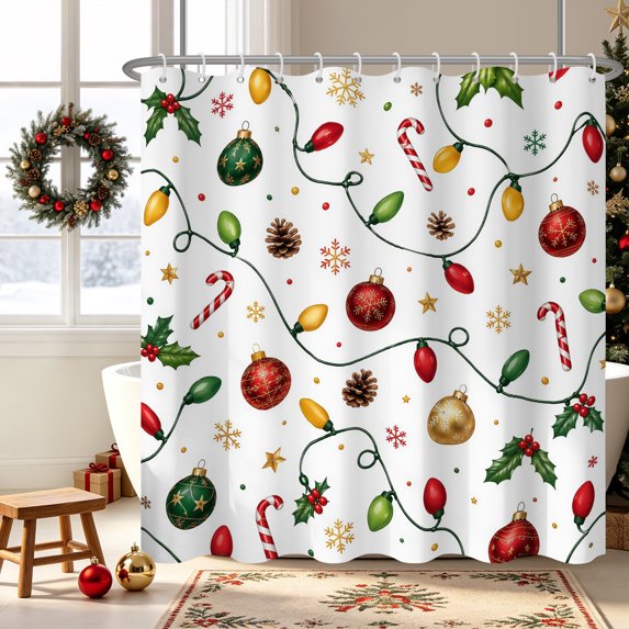 Duangreer Christmas Waterproof Fabric Shower Curtain, Xmas Lights and Balls Print for Bathroom, 47x72 Inches with Hooks