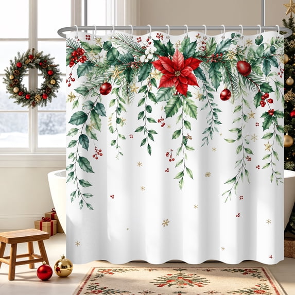 Duangreer Christmas Waterproof Fabric Shower Curtain for Bathroom, Xmas Tree Poinsettia Bath Curtain Set with Hooks for Home, 47x72 Inches