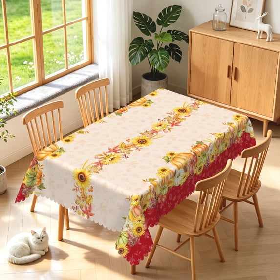 Duangreer Fall Theme Rectangle Tablecloth, Pumpkin Sunflower Maple Leaf Decors, Waterproof Wrinkle Resistant, Washable Table Cover for Party Decorations, 60 x 84 Inch