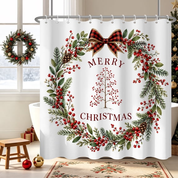Duangreer Farmhouse Winter Bathroom Shower Curtain with 12 Hooks, Xmas Wreath Waterproof Curtain for Bathroom, 72"x84"