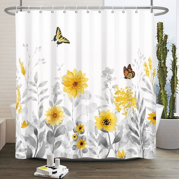 Duangreer Floral Fabric Shower Curtain with Hooks, Watercolor Flower Butterfly for Bathroom Decor, Waterproof, Machine Washable, 60x72 Inches