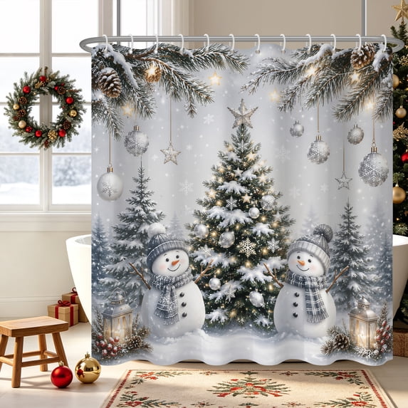 Duangreer Gray Snowman Bath Curtain with 12 Hooks, Winter Silver Christmas Tree Waterproof Fabric Bathroom Curtain, 72"x72"