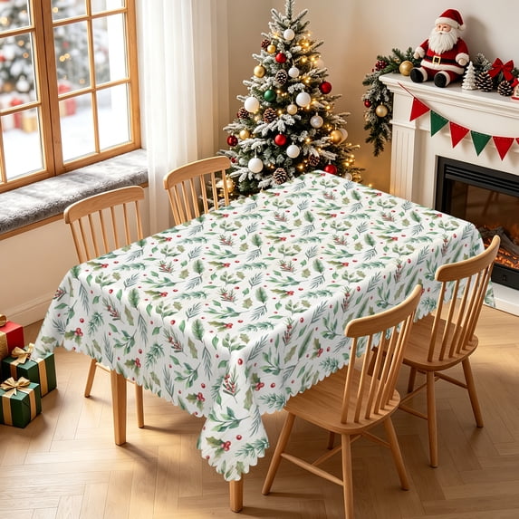 Duangreer Green Holly Christmas Rectangle Tablecloth, Waterproof Wrinkle Resistant Table Cover for Party Picnic Dinner Decors, 60 x 84 Inch
