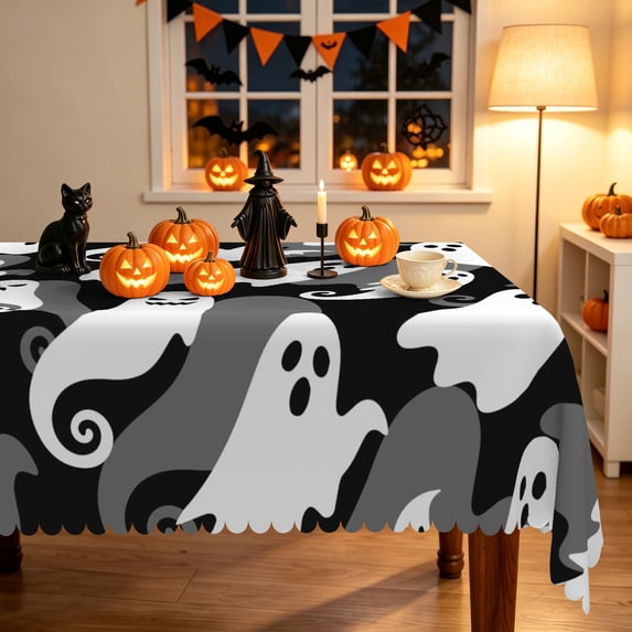 Duangreer Grey Halloween Ghost Print Rectangle Tablecloth, Waterproof Wrinkle Resistant, 60 x 102 Inch, Washable Table Cover for Party Decorations