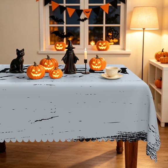 Duangreer Grey Halloween Print Rectangle Tablecloth, Washable Table Cover for Party Picnic Indoor Outdoor Decor, 60 x 84 Inch