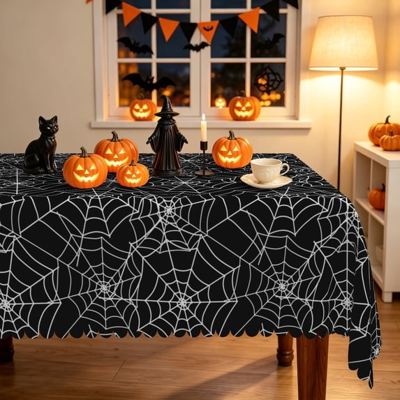 Duangreer Halloween Rectangle Tablecloth, Black Spider Web Print Waterproof Wrinkle Resistant Table Cover with for Party Decorations, 52 x 70 Inch