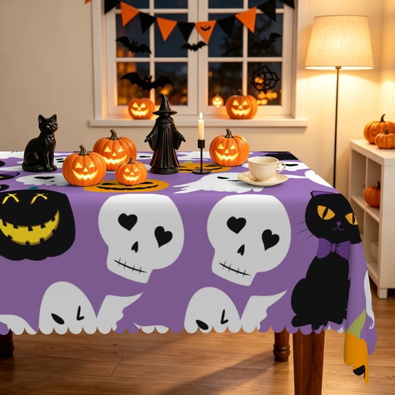 Duangreer Halloween Rectangle Tablecloth, Purple Cat Ghost Pumpkin Print, Table Cover with Waterproof Wrinkle Resistant for Party Decors, 60 x 84 Inch