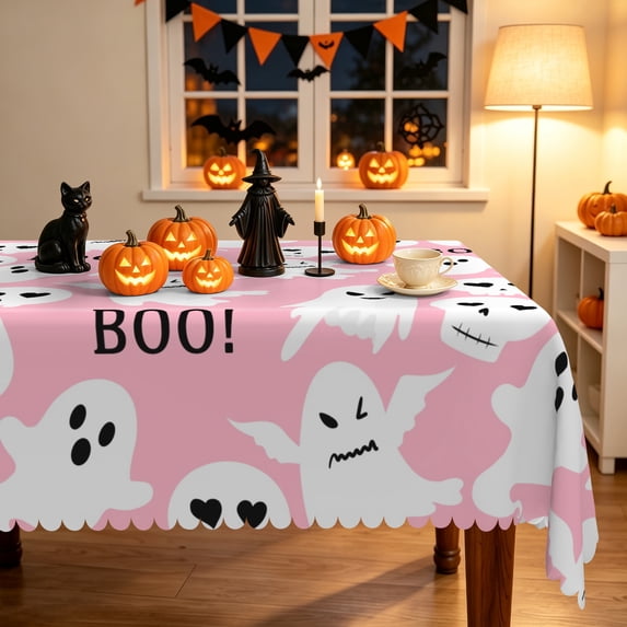 Duangreer Halloween Theme Rectangle Tablecloth, Pink Cute Ghost Print Table Cover with Waterproof Wrinkle Resistant for Party Decorations, 60 x 84 Inch