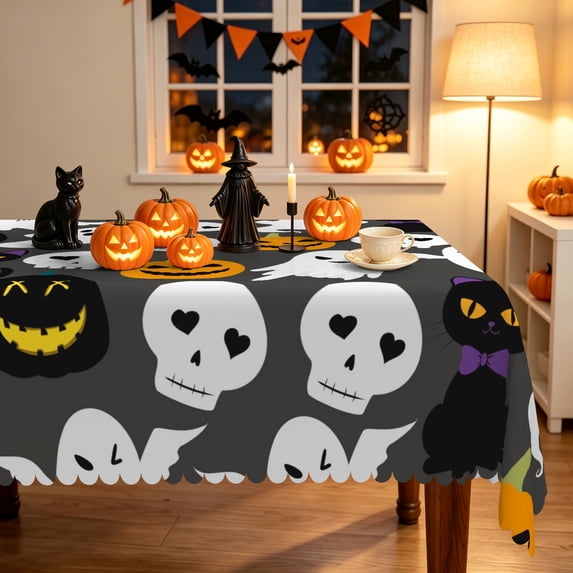 Duangreer Happy Halloween Rectangle Tablecloth, Cat Ghost Pumpkin Print, Table Cover with Waterproof Wrinkle Resistant for Party Decors, 60 x 84 Inch