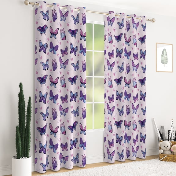 Duangreer Kids Blackout Curtains for Girls Bedroom, Cartoon Purple Butterfly Print Thermal Insulated Room Darkening Window Drapes, Grommet Top, 52 x 84 Inches, Set of 2