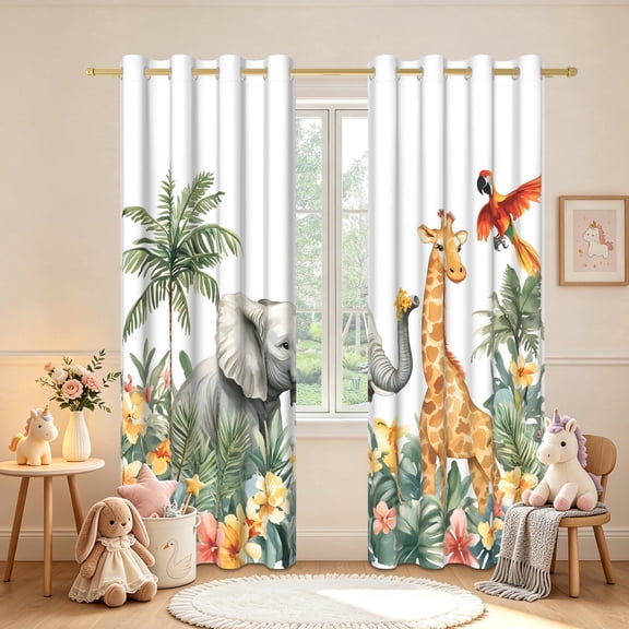 Duangreer Kids Blackout Curtains for Boys Bedrooms, Tropical Jungle Animals Print, Light Blocking, Grommet Top, 52 x 84 Inches, Set of 2